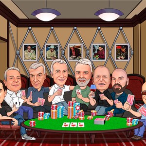 May include: A group of eight men are sitting around a green felt poker table in a dimly lit room. They are playing cards and have stacks of poker chips in front of them. The men are all wearing casual clothing and have various expressions on their faces.