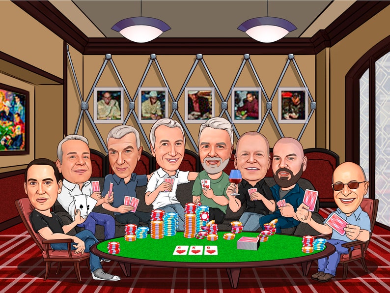 May include: A group of eight men are sitting around a green felt poker table in a dimly lit room. They are playing cards and have stacks of poker chips in front of them. The men are all wearing casual clothing and have various expressions on their faces.