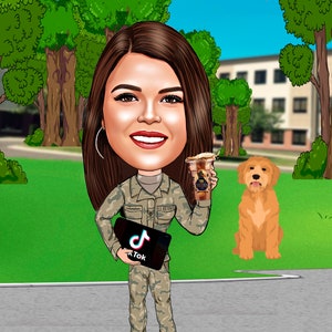 Pu&ograve; includere: Illustrazione di un cartone animato di una persona in uniforme militare che tiene in mano un caff&egrave; e un telefono con il logo di TikTok. Un cane golden retriever &egrave; seduto vicino. Un aereo militare vola sullo sfondo.