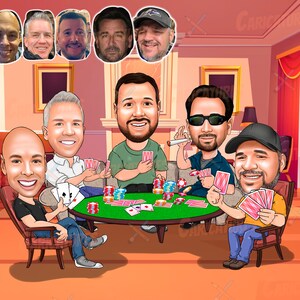 May include: A group of six men are sitting around a table playing cards. They are all smiling and having a good time. The table is covered in a green felt and there are chips and cards scattered around. The men are wearing casual clothing and have different hairstyles.