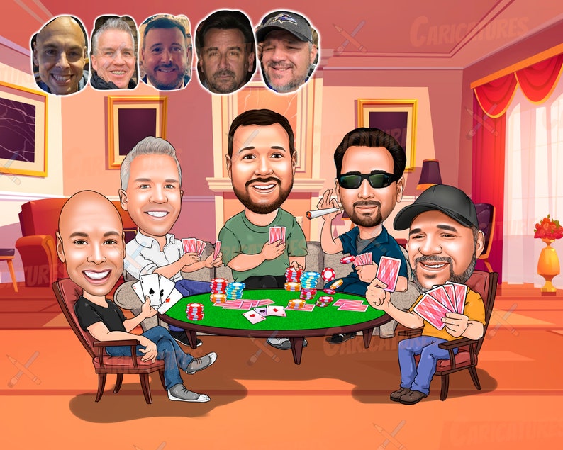 May include: A group of six men are sitting around a table playing cards. They are all smiling and having a good time. The table is covered in a green felt and there are chips and cards scattered around. The men are wearing casual clothing and have different hairstyles.