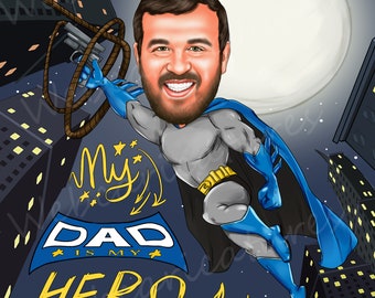 Personalized Father's Day Cartoon Portrait, Dad Superhero Illustration