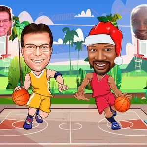 May include: Two cartoon basketball players on a court. One player is wearing a red jersey and a Santa hat, the other is wearing a yellow jersey. Both players are dribbling basketballs.