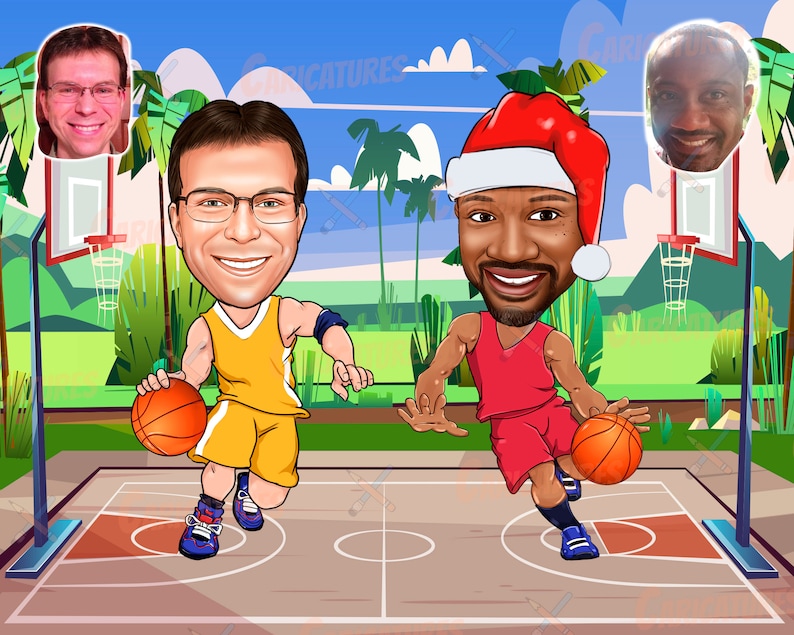 May include: Two cartoon basketball players on a court. One player is wearing a red jersey and a Santa hat, the other is wearing a yellow jersey. Both players are dribbling basketballs.