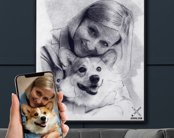 Custom Pet and Owner Illustration, Human & Pet Illustrations Printable, Dog with Mom Portrait