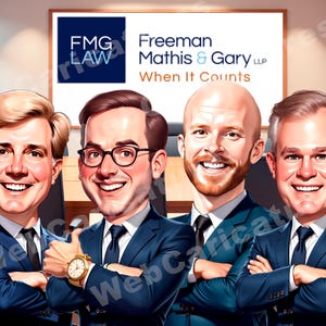May include: Caricature of four men in suits, smiling, with arms crossed. The image includes the text "FMG LAW Freeman Mathis & Gary LLP When It Counts" on a sign in the background. The men are in a conference room setting.