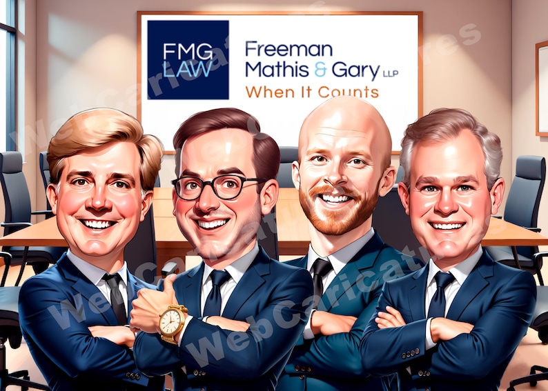 May include: Caricature of four men in suits, smiling, with arms crossed. The image includes the text "FMG LAW Freeman Mathis & Gary LLP When It Counts" on a sign in the background. The men are in a conference room setting.