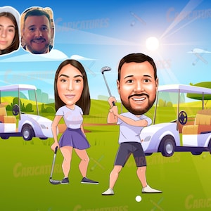 May include: A cartoon illustration of a couple playing golf. The man is wearing a white shirt and blue shorts, and he is holding a golf club. The woman is wearing a pink shirt and a purple skirt. They are both standing on a green golf course with a golf cart in the background.