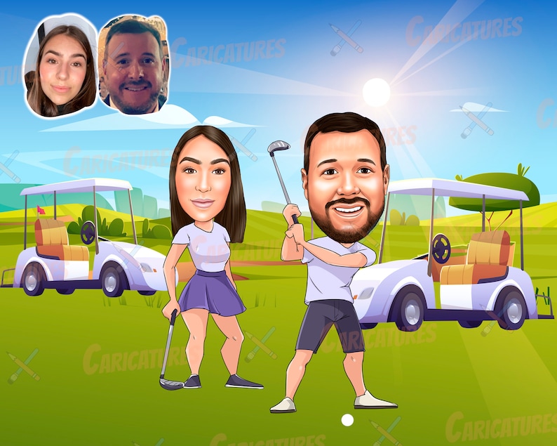 May include: A cartoon illustration of a couple playing golf. The man is wearing a white shirt and blue shorts, and he is holding a golf club. The woman is wearing a pink shirt and a purple skirt. They are both standing on a green golf course with a golf cart in the background.