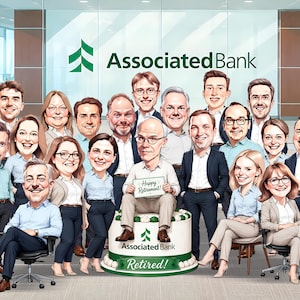 Op de afbeelding: Een digitale karikatuurillustratie van een grote groep kantoorcollega's rondom een centrale figuur die op een grote taart zit. De taart is voorzien van het Associated Bank-logo en de tekst Happy Retirement en Retired. De achtergrond toont een kantoor.