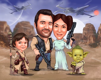 Custom Wars gift for him - Space Wars Portrait, SW gift for him,  Couple Portrait, Family Portrait, Anniversary gift, Couple Illustration