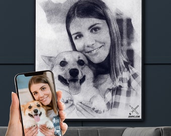 Owner and Pet Drawing from Photo, Custom Portrait with Pet