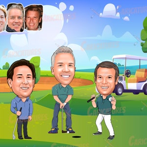 May include: A cartoon illustration of three men playing golf. The men are wearing casual clothing and are holding golf clubs. There is a golf cart in the background.