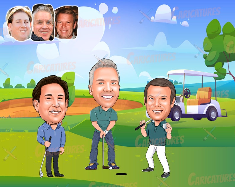 May include: A cartoon illustration of three men playing golf. The men are wearing casual clothing and are holding golf clubs. There is a golf cart in the background.