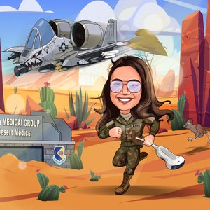 Pu&ograve; includere: Illustrazione di un cartone animato di una donna in uniforme militare che corre attraverso un paesaggio desertico, tenendo in mano un dispositivo medico. Un aereo A-10 Thunderbolt II vola sopra, e un roadrunner corre nelle vicinanze. Il cartello recita "355th MEDICAL GROUP Desert Medics."