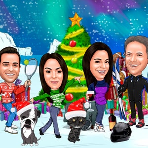 Ilustração de cartão de Natal - Retrato de família personalizado, desenho de cartão de Natal