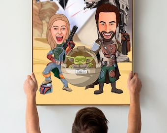 Custom Couple Star Wars inspired Portrait – Jedi Family Cartoon (Digital File)