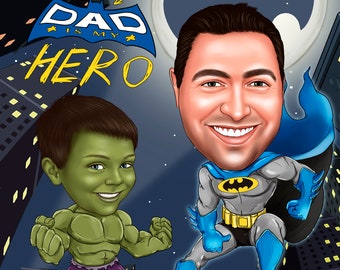 Father's Day Caricature from your Photo, personalized Father's Day gift, Father superhero