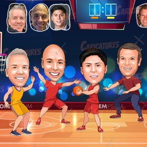 May include: A digital illustration of four men playing basketball. The men are cartoon caricatures with exaggerated features. The basketball court is brown with white lines. The score is 11-11. The background is blue with white stars.