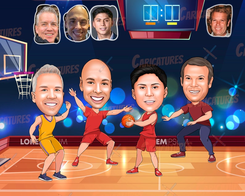 May include: A digital illustration of four men playing basketball. The men are cartoon caricatures with exaggerated features. The basketball court is brown with white lines. The score is 11-11. The background is blue with white stars.