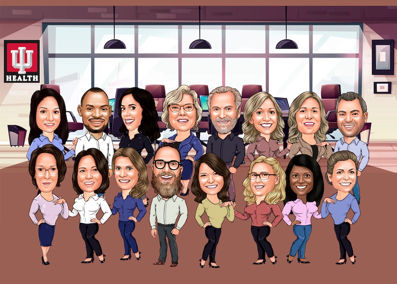 May include: A group caricature portrait of 16 people, likely a team or company, in a modern office setting. The image includes the "IU Health" logo. The individuals are depicted with exaggerated features, dressed in business attire, and smiling.