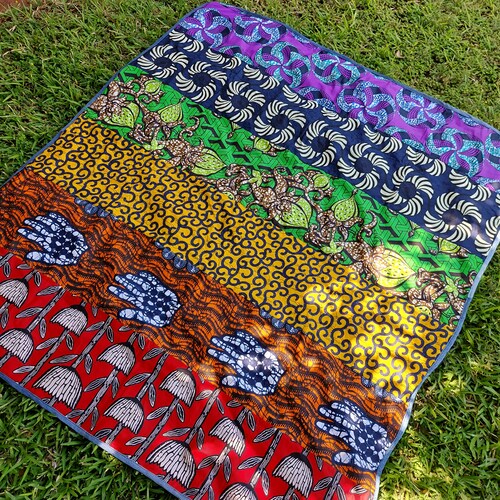 Rainbow Picnic Blanket shops with Repurposed Denim Patchwork Back made by refugee women in Malawi