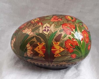 Vintage Paper Mache Egg and With Lacquer Hand Decorated Egg Shape Lidded Box