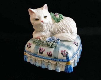 Vintage Schmid Porcelain Cat Music Box - Memory From Cats; Sri Lanka - Persian Cat on Pillow