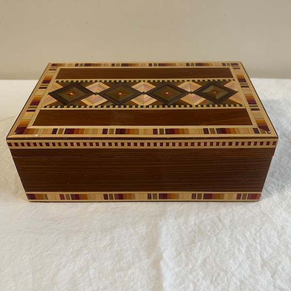 Vintage Inlaid Wood Box Handcrafted Mideast Storage Box with 1 Ukrainian Decorated Egg