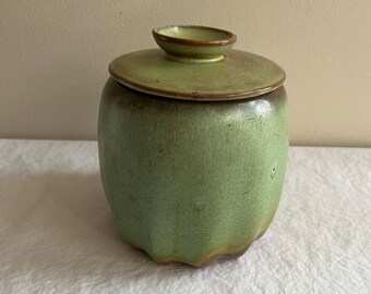 Vintage 1970s Frankoma Covered Jar, Canister Prairie Green and Brown 6" Tall