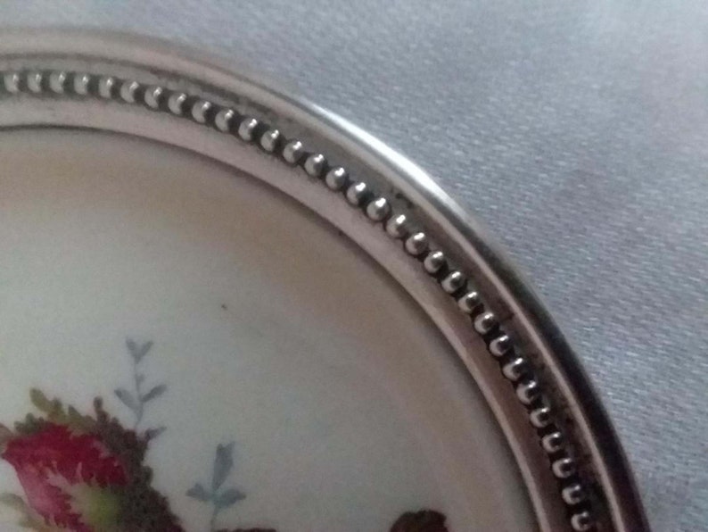 Vintage Rosenthal Bahnhof Selb Porcelain and Sterling Coaster or Trinket Plate 4.25 Diameter Pink and Green Roses
