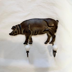 Whimsical Vintage Pig Wall Hanger Metal Pig 2 Hangers  Hooks With Ball Ends 10&quot; Wide