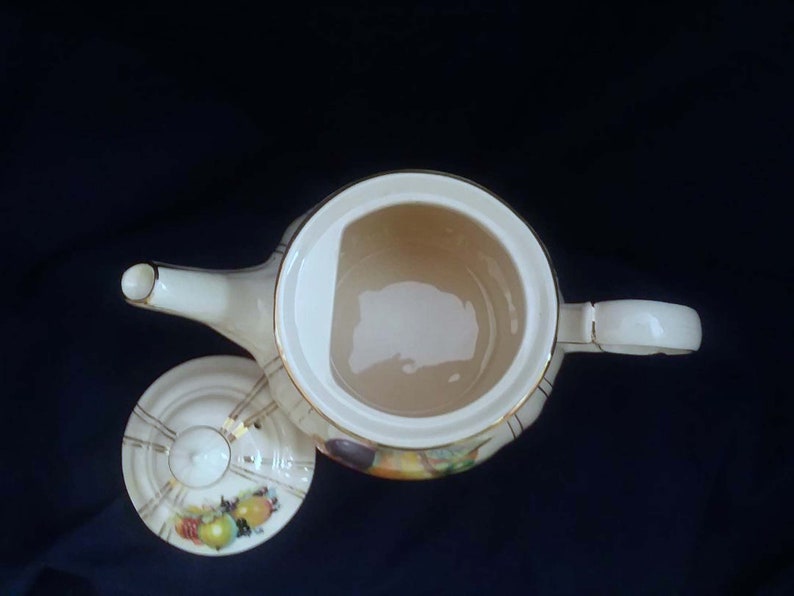 Vintage Sadler Teapot England Fruit Design 9.25 Long 6.25 Tall Gold accents Pear Plums Grapes Blackberries Apple
