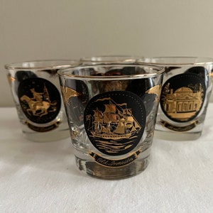 Vintage Libbeys Historic Cocktail Glasses Set of 4 with 22Kt Images and Black Background