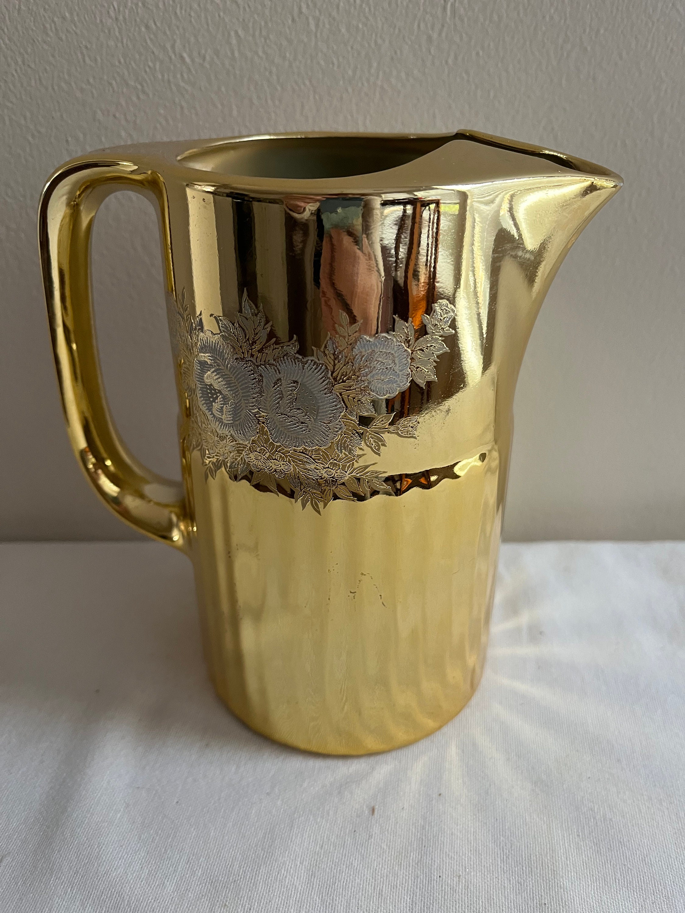 Etched Gold Rim Handcrafted Cocktail Pitcher with Stirrer