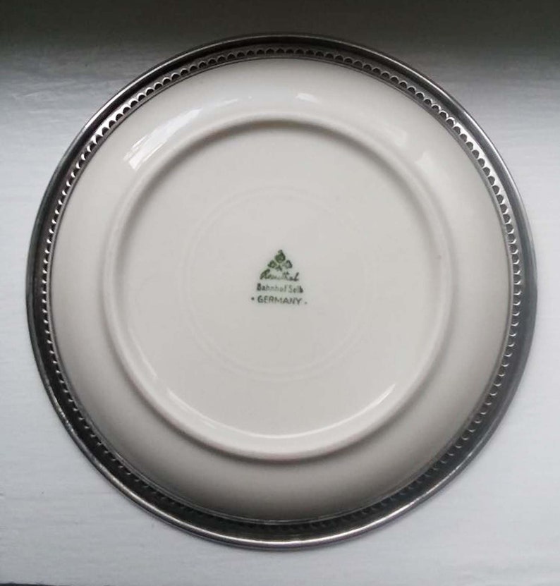 Vintage Rosenthal Bahnhof Selb Porcelain and Sterling Coaster or Trinket Plate 4.25 Diameter Pink and Green Roses