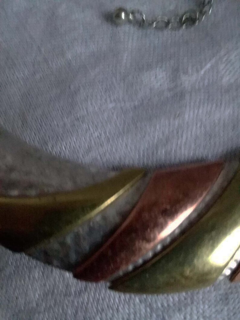 Vintage Necklace Copper Brass On Silver Tone Pounded Metal Half Moon Shape Bib Necklace Crescent Shape