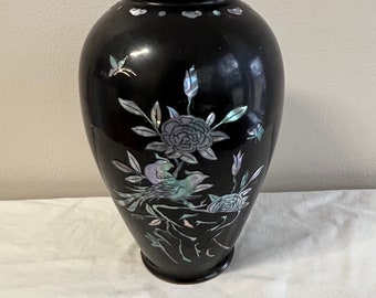 Vintage Japanese Inlaid Enamel Mother of Pearl Brass Vase