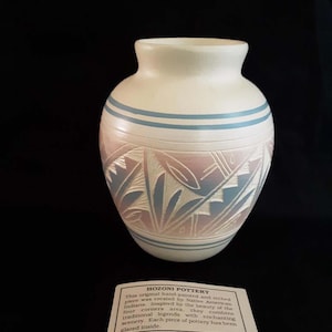 Vintage Hozoni Pottery Native American Hand-Painted and Etched Clay Pot 6 Inches Tall