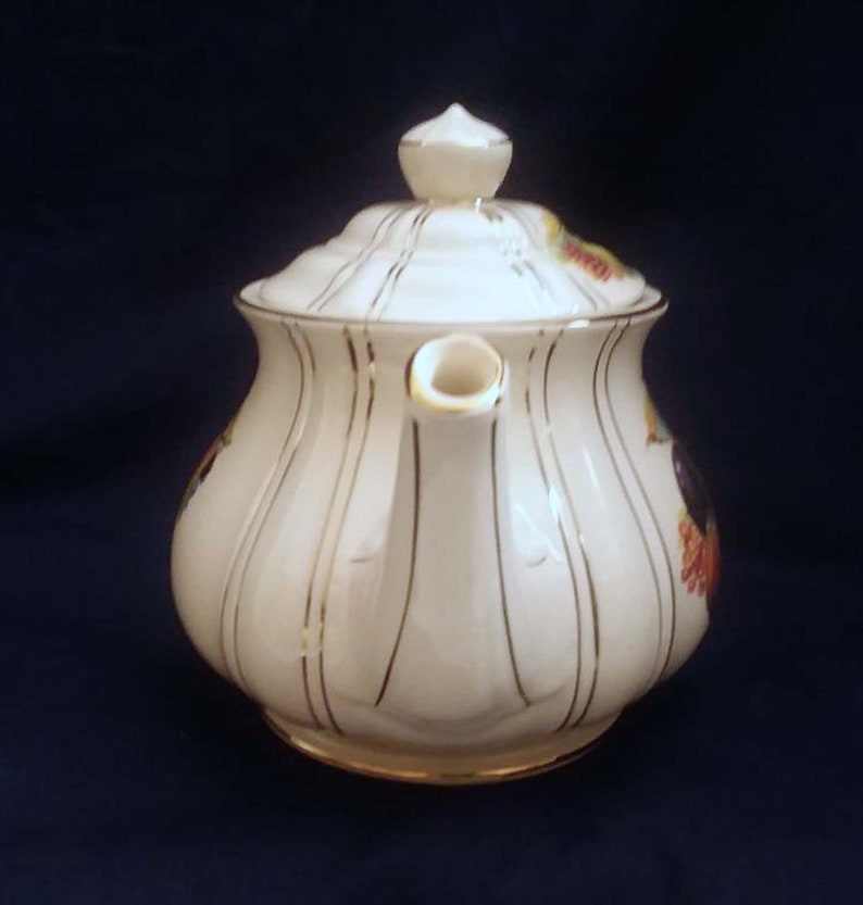 Vintage Sadler Teapot England Fruit Design 9.25 Long 6.25 Tall Gold accents Pear Plums Grapes Blackberries Apple