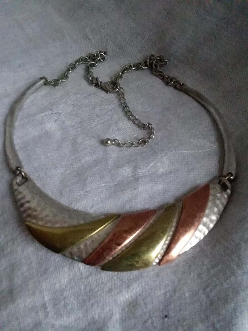 Vintage Necklace Copper Brass On Silver Tone Pounded Metal Half Moon Shape Bib Necklace Crescent Shape