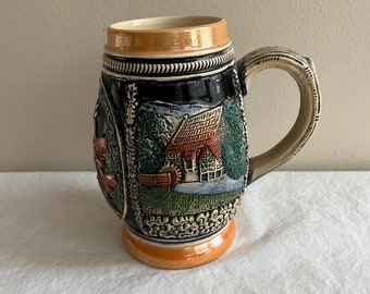 Vintage German Ceramic Beer Stein Deer and Houses