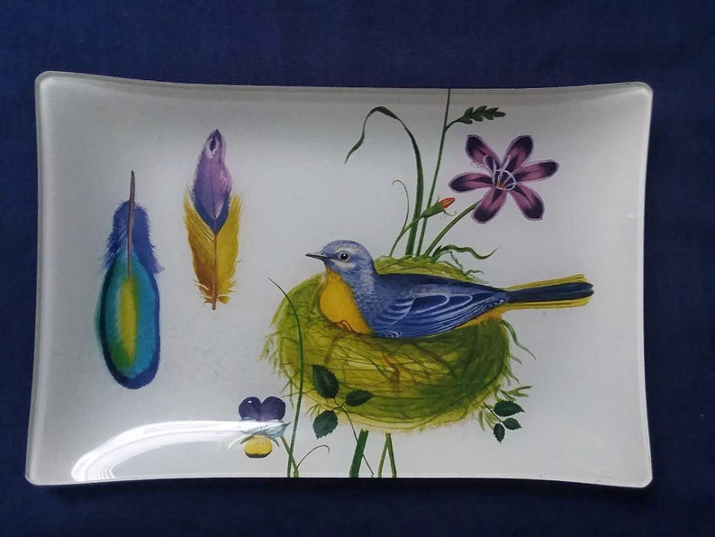 Vintage Fringe Studio Glass Tray Glass Rectangle Plate Bird In Etsy