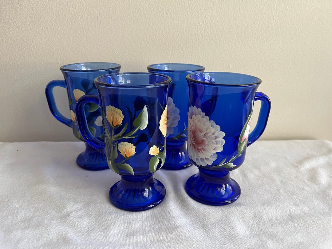 4 Anchor Hocking Glass Mugs Cobalt Blue Hand Painted Irish Etsy