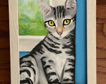 Tabby Cat Oil Painting in 9" by 7" Faux Wood Frame by Karen Snider