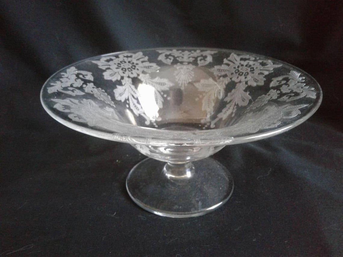 Vintage Etched Compote Dish Clear Glass Pedestal 1940s Etsy
