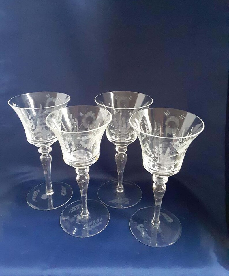 Vintage Etched Stemmed Cordials Set of 4 Glass Cordials Etsy