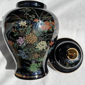Andrea By Sadek Ginger Jar Vintage 8&quot; Tall Black Background With Color Flowers Jar
