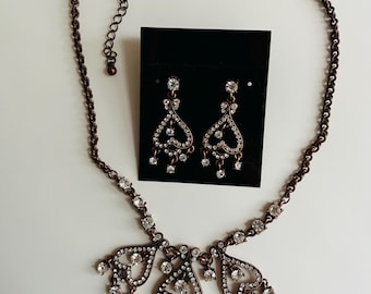 Vintage Necklace and Pierced Earring Set Copper and Crystals Neck 16" Adjustable to 19.5"