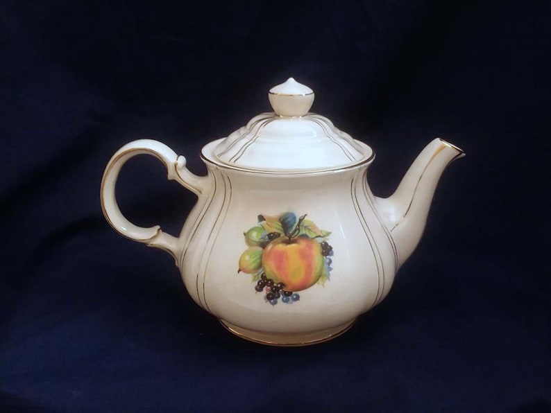 Vintage Sadler Teapot England Fruit Design 9.25 Long 6.25 Tall Gold accents Pear Plums Grapes Blackberries Apple